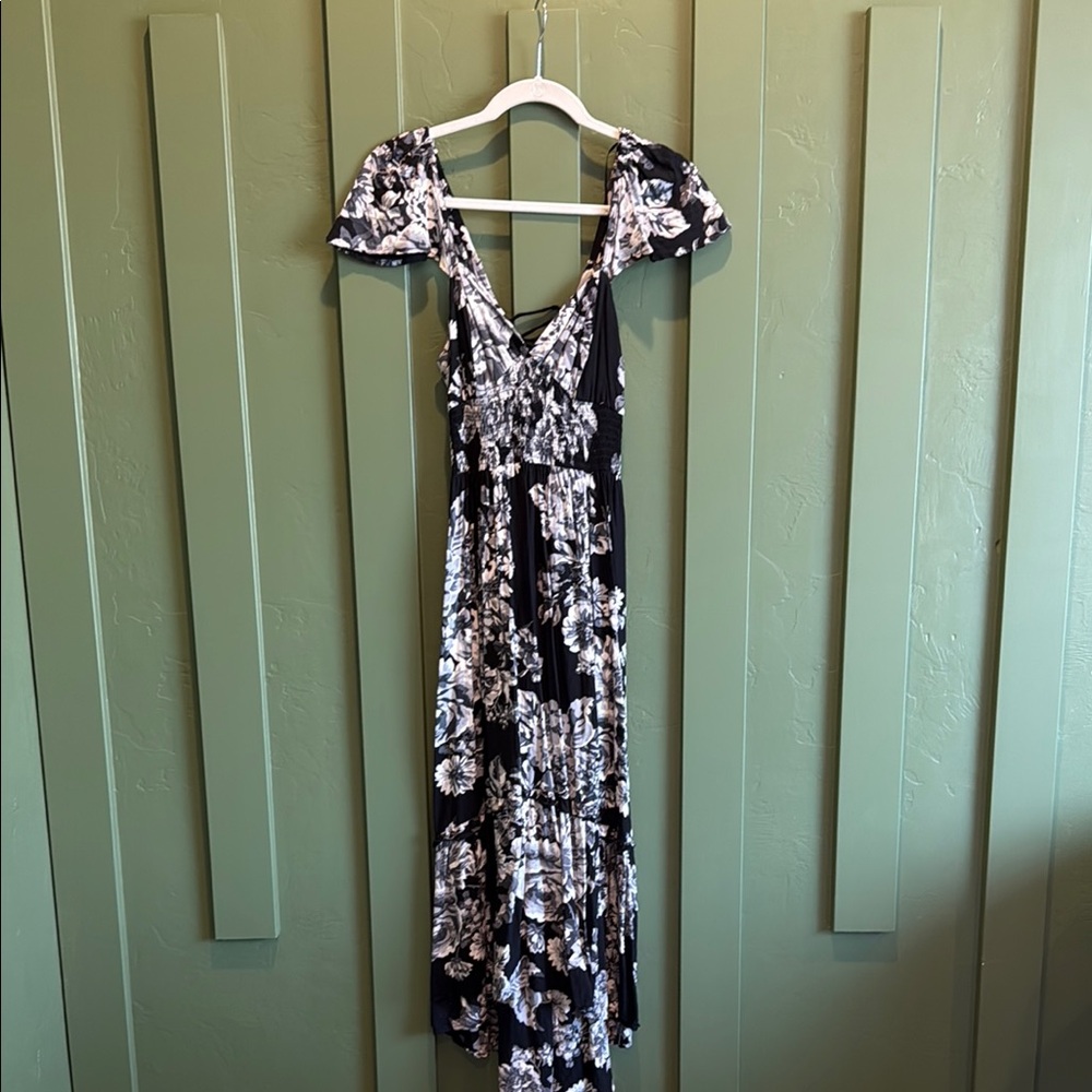 Angie Black and White Maxi Dress Off the Shoulder Flutter Sleeve